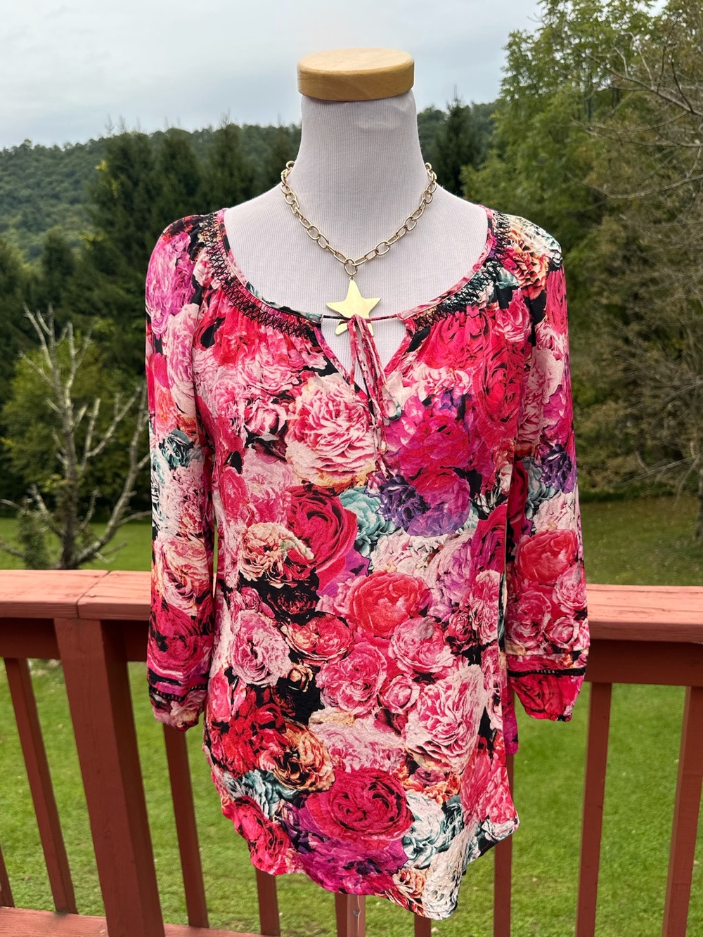 Vanessa Virginia Anthropologie 100% Silk Pink Floral Tie-Neck Peasant Blouse